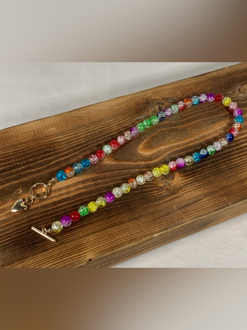 Carnival Rainbow Glass Crackle Bead Gold Tone Necklace 16.5” - Picture 8 of 11